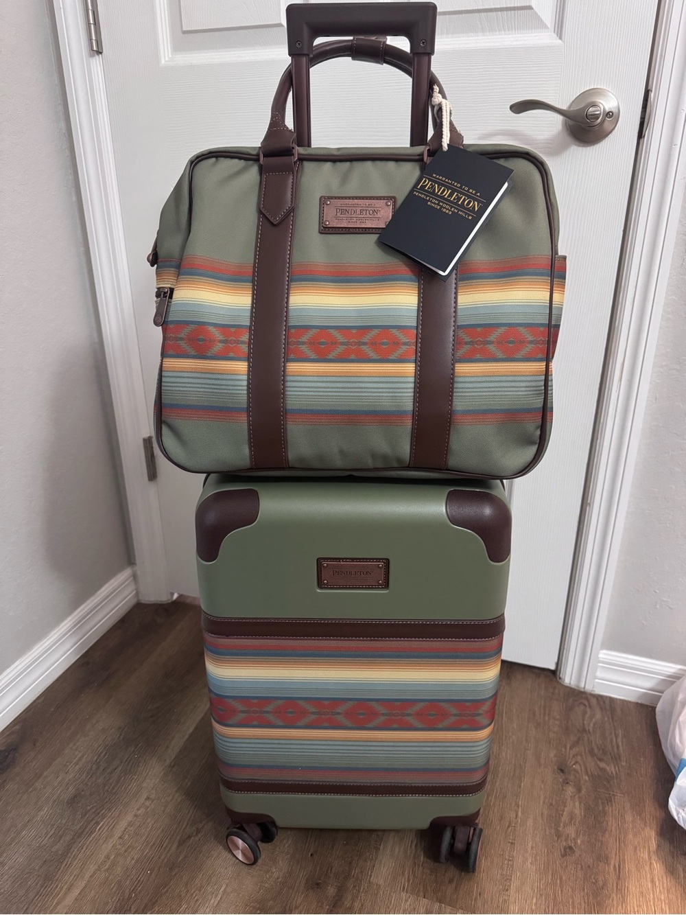 Pendleton Olive Green Southwestern Stripe Carry-On Set with Brown Trim